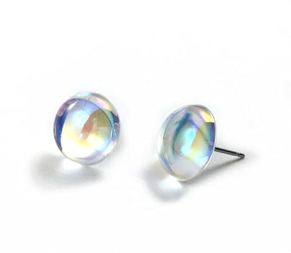 Iridescent Crystal Ball Stud Earrings, 10mm or 12mm Rainbow Holographic Studs, Titanium or Stainless Steel Posts