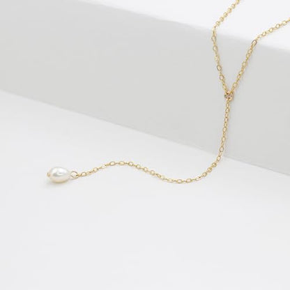 Lariat Gold Necklace for Women Dainty Long 14K Gold Plated Y-Shaped Body Chain Choker Necklace Trendy Non Tarnish Pendant Simple Layered Necklaces Gold Jewelry for Women Set Gift - color: Single Pearl