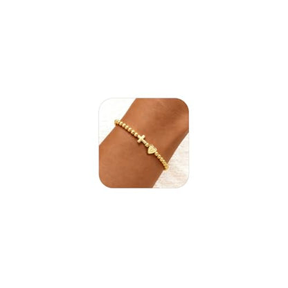 TLY Gold Beaded Bracelets for Women Cross Initial Elastic Stretch Bracelet | 14K Gold Plated Dainty Cute Trendy Friendship Bracelets Stack A-Z Heart Letter Charm Bracelet Jewelry Gifts for Women Teen - color: D