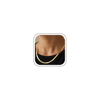 14K Gold/Silver Plated Stainless Steel Herringbone Necklace for Women, Dainty Snake Chain Choker, Trendy Simple Long Layered Jewelry, Non Tarnish 4mm Flexible Flat Necklace, Made in Italy - color: G-22