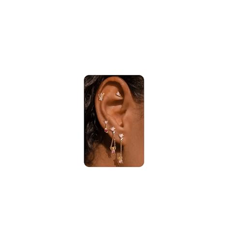 Sterling Silver Earrings Stacks for Women, Hypoallergenic Cartilage Earring | Dainty Stud Huggie Hoop Dangle Chain Earrings, 14K Gold/White Gold Plated - color: 5Pcs Dangle Pink Bear(Single Earring Not a Pair)