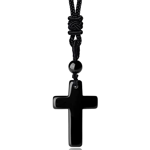 QINJIEJIE Cross Crystal Necklace Adjustable Black Rope Natural Gemstone Quartz Stone Necklaces for Men Women Father's Day Gift - color: Black - Obsidian