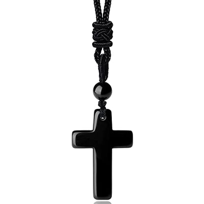 QINJIEJIE Cross Crystal Necklace Adjustable Black Rope Natural Gemstone Quartz Stone Necklaces for Men Women Father's Day Gift - color: Black - Obsidian