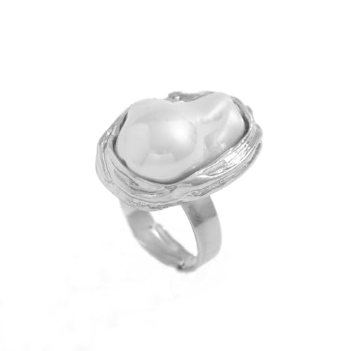 GIGB PBDK Gold Plated Baroque Pearl Ring for Women Fashion Chunky Irregular Pearl Knuckle Statement Ring Minimalist Promise Ring Bridal Wedding Charm Jewelry - color: Silver