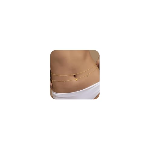 2PCS Gold Silver Waist Chain Adjustable Layered Belly Chain Body Chain Jewelry for Women Sexy Bikini Beach Boho Pearl Beaded Cuban Satellite Waist Chains - style: 2PCS-GD-Circular peacock green beads