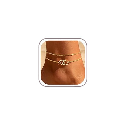 Ritach Gold/Silver Ankle Bracelets for Women 14K Gold Anklets for Women Waterproof Cuban Link Heart Bead Anklets Set Layered Anklet Bracelets for Women Gold Jewelry Gift - color: double heart