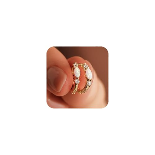 Gold Opal Huggie Earrings for Women, Minimalist Small Hoop Earrings with Zircons - color: gold