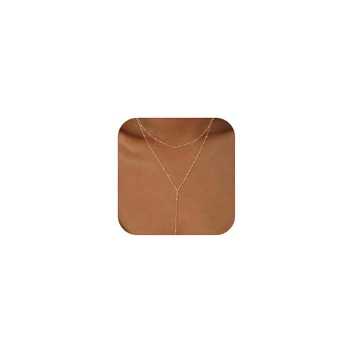 Lariat Necklace for Women, Dainty Long Necklaces, 14k Gold/Silver Plated Y-Shaped Drop Chain Necklace, Simple Layered Necklaces, Trendy Jewelry Gifts - style: Y Layered Bead Necklace-Gold