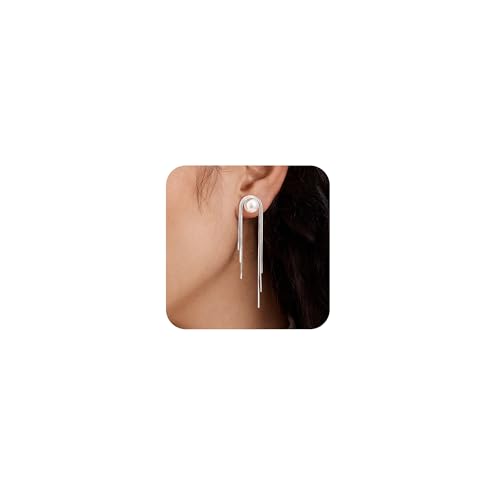 Robaice 14K Gold Plated Dangle Earrings for Women, Long Drop Earrings | Dainty Tassel Earrings Trendy, Hypoallergenic Dangling Lip Block Snake Chain, Threader Earrings for Women, Jewelry Gifts - color: Silver 1