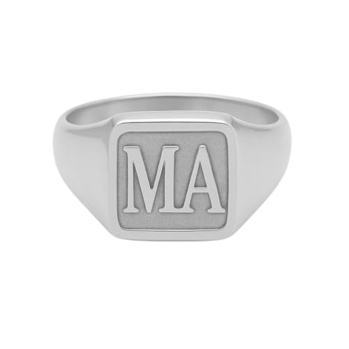 Customized Initial Pinky Ring Personalized Raised Engraved Letter Monogram Statement Signet Rings for Women Men - color: Silver -Square