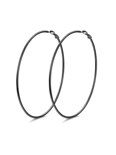 FindChic Thin Hoop Earrings for Women,Silver/Black/Gold Plated 20-100mm - color: Black, size: 90mm