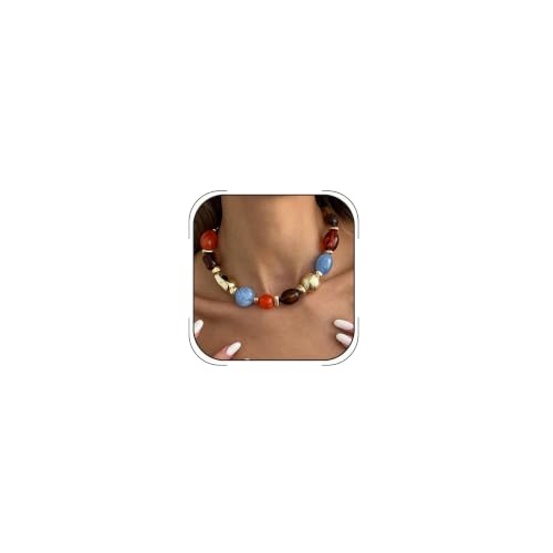 Chunky Acrylic Beaded Necklace for Women Colorful Acrylic Resin Beaded Choker Big Round Beads Statement Necklace Fashion Jewelry - color: Brown