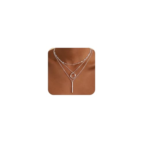Cuzmly Layered Silver Necklaces for Women, Sterling Silver Stackable Stack Choker Necklaces for Women Trendy Layering Circle Pendant Chain Necklace Set Jewelry for Women - style: Bar