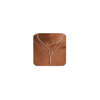 Cuzmly Layered Silver Necklaces for Women, Sterling Silver Stackable Stack Choker Necklaces for Women Trendy Layering Circle Pendant Chain Necklace Set Jewelry for Women - style: Bar