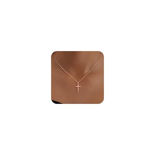 Poxtex Cross Necklace for Women Teen Girls, Dainty 14K Gold Silver Plated Cross Choker Jewelry Non Tarnish Waterproof Cute Simple Small Necklace Christian Baptism Religious Faith Jewelry Gifts - color: 04 Simple Rose Gold Cross Necklace