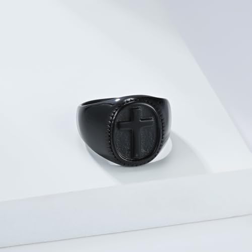 Promise Ring For Him, Stainless Steel Men Stainless Steel Signet Ring with 18MM Wide Oval with Cross, Black, Size 11