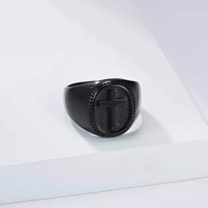 Men Promise Ring Stainless Steel, Men Stainless Steel Signet Ring with 18MM Wide Oval with Cross, Black, Size 12