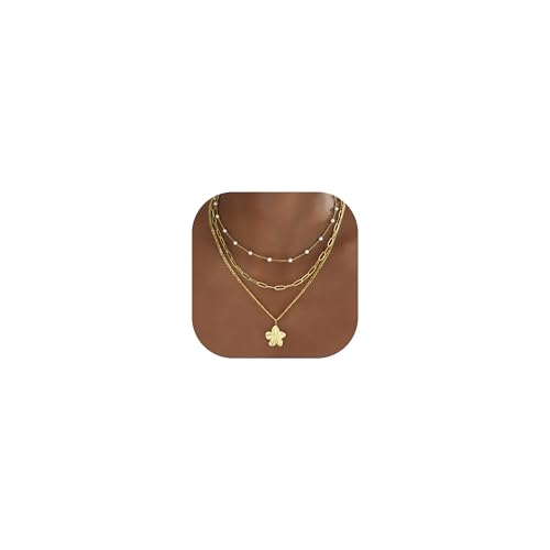 YEEZII Layered Gold Necklaces for Women Trendy, 3 Pcs 14K Gold Plated Choker Paperclip Box Chain Necklace, Stackable Women's Gold Pendant Necklaces Jewelry Set - color: Gold-3 Pcs-Flower