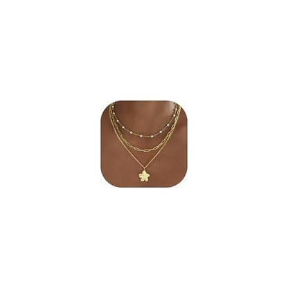 YEEZII Layered Gold Necklaces for Women Trendy, 3 Pcs 14K Gold Plated Choker Paperclip Box Chain Necklace, Stackable Women's Gold Pendant Necklaces Jewelry Set - color: Gold-3 Pcs-Flower