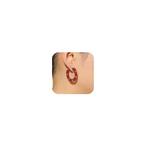 Wellike Beaded Hoop Earrings for Women Natural Stone Pink Gold Huggie Earrings Hypoallergenic Dainty Waterproof Trendy Jewelry - color: Burgundy, size: 35mm