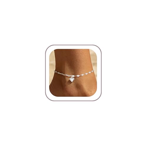 Ritach Gold/Silver Ankle Bracelets for Women 14K Gold Anklets for Women Waterproof Cuban Link Heart Bead Anklets Set Layered Anklet Bracelets for Women Gold Jewelry Gift - color: Silver heart