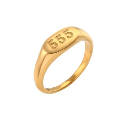 PAURO Women's Oval Angel Number Rings 111 222 333 444 555 666 777 888 999 | Stainless Steel Signet Style, Gold Plated Spiritual Statement Band, Numerology Jewelry Gift - color: Gold-555