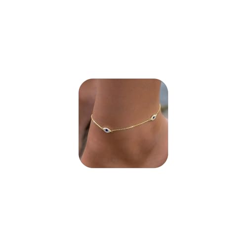 Rotnso Anklets for Women 14K Gold Silver Plated Ankle Bracelets Trendy Waterproof Boho Anklets Set Adjustable Dainty Cute Diamond Beaded Heart Non Tarnish Summer Beach Jewelry Gift - style: Evil Eye Diamond-GD
