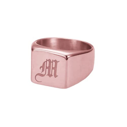 925 Sterling Silver Personalized Square Signet Old English Initial Ring Custom Womens Mens Letter Jewelry - color: Rose Gold