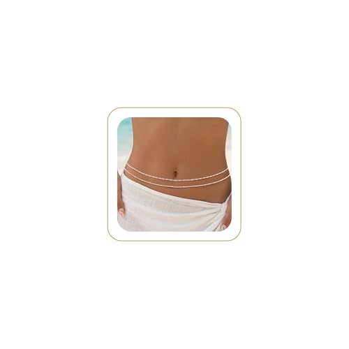 Tewiky Layered Waist Chain for Women, 14K Gold/Silver Plated Belly Chains | Beach Waist Beads Chain, Waterproof Twist Figaro Cuban Body Chain, Summer Jewelry for Women Gifts - color: Silver Waist Chain