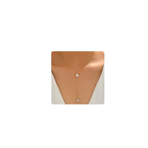 Dainty Y-Shaped Lariat CZ Drop Charm Pendant Necklaces for Women - color: Square-CZ-GD