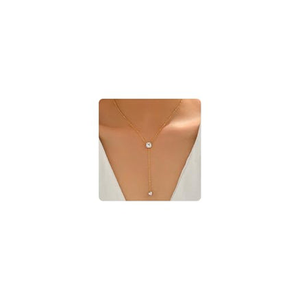 Dainty Y-Shaped Lariat CZ Drop Charm Pendant Necklaces for Women - color: Square-CZ-GD