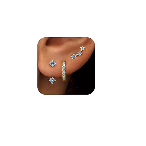 3 Pairs Dainty Small Earrings Set for Women Trendy, Birthstone Stud Huggie Hoop Jacket Stack for Cartilage Helix, Gold Plated Hypoallergenic Cute Women Fashion Accessories Western Jewelry Gifts - color: 12Blue Created Topaz-Dec (Gold)