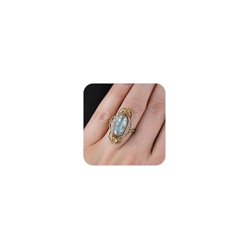 14K Gold Plated Art Deco Flower Vintage Ring Oval Sea Blue Gemstone Statement Rings for Women 925 Silver Large Oval Cut Aquamarine Topaz Crystal Band Wife Birthday Anniversary Wedding Jewelry - size: size 7