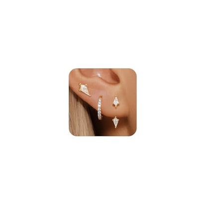 3 Pairs Stackable Kite Stud Earrings Set for Women Trendy | Dainty Birthstone Stud Gold & 925 Sterling Silver Huggie Hoop Jacket Stack Earrings for Women 2026 - color: Gold-Zircon