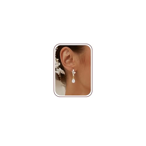 Pearl Earrings for Women, 14k Gold Plated Trendy Diamond Pearl Drop Earrings Hypoallergenic Dainty Bridal Gifts Wedding jewelry for Women - color: Silver-Pearl Style G