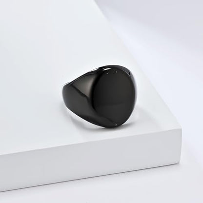 Men's Fashion Stainless Steel Oval Signet Ring Big Wide Solid Biker Band Polished Comfort Fit Silver/Gold/Black - color: Black
