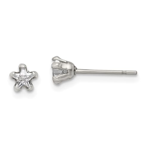 Diamond2Deal Stainless Steel Polished 4mm Star Cubic Zirconia Stud Earrings Len-0.18 In, Wid-0.19 In