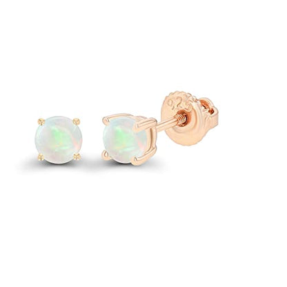 14K Gold Plated 925 Sterling Silver Hypoallergenic 4mm Round Genuine Birthstone Solitaire Screwback Stud Earrings - color: Opal Genuine
