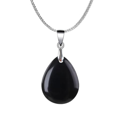 iSTONE 925 Sterling Silver Natural Crytral for Womens Pendant Necklace, Gemstone Birthstone with 17.8" Silver Chain Ladies - color: Obsidian