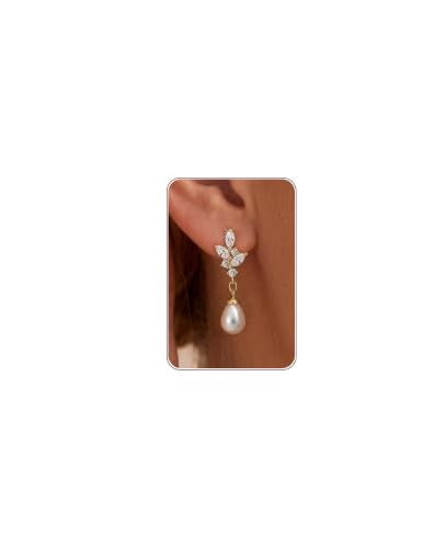 Plenky Pearl Earrings-14K Gold Plated Dainty Pearl Drop Simple Wedding CZ Dangle Dangling Cute Stud Earrings for Brides Earrings for Women Gifts - style: G-CZ Leaf Pearl Earrings