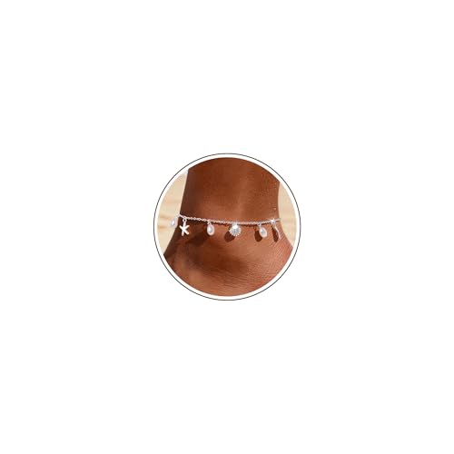 Sterling Silver Ankle Bracelets for Women 14k Gold Plated Waterproof Dainty Layered Stackable Seashell Pearl Charm Non Tarnish Adjustable Anklet for Summer Beach Jewelry Gift - color: Silver3