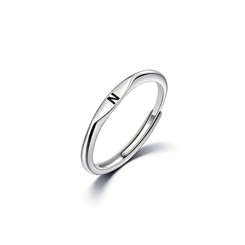 Thin Stacking Initial Rings for Women Stackable Plain Letter Ring Open Adjustable Silver Capital Alphabet Letter Band Ring - color: N