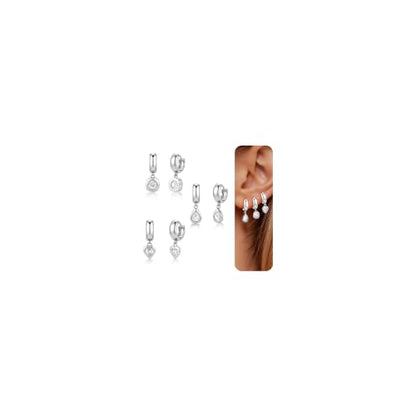 3Pcs Dangle Earrings for Women 14K Gold/Silver small Drop Earring Huggie Hoop Hypoallergenic Cubic Zirconia Cute Charm Non Tarnish Teardrop Trendy Jewelry Gifts for Women - color: Silver