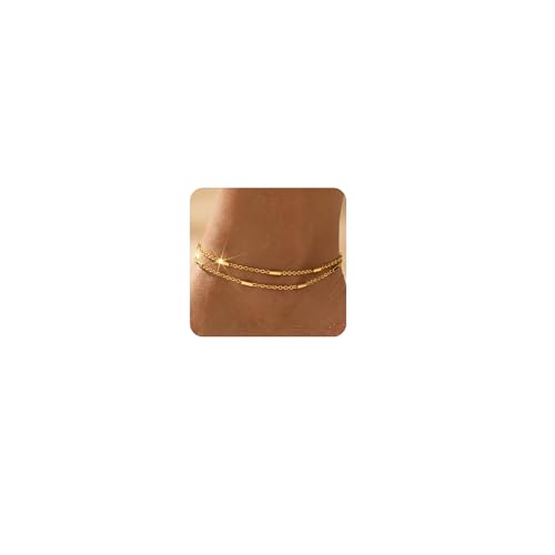 Dainty Anklets for Women, 14K Gold Plated & Sterling Silver Plated Ankle Bracelets, Adjustable, Waterproof & Hypoallergenic Summer Beach Foot Jewelry in Assorted Styles - style: 2 anklet barlink gold
