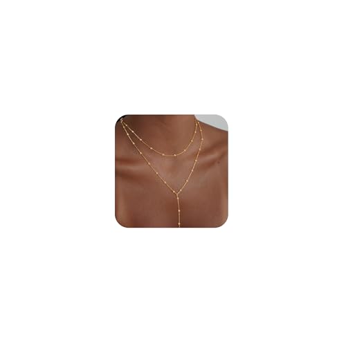 Lariat Gold Necklace for Women Dainty Long 14K Gold Plated Y-Shaped Body Chain Choker Necklace Trendy Non Tarnish Pendant Simple Layered Necklaces Gold Jewelry for Women Set Gift - color: Double Gold Beaded Necklace