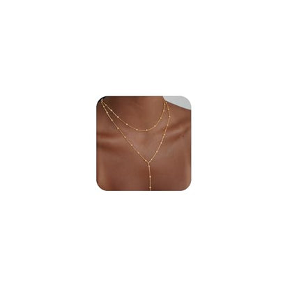 Lariat Gold Necklace for Women Dainty Long 14K Gold Plated Y-Shaped Body Chain Choker Necklace Trendy Non Tarnish Pendant Simple Layered Necklaces Gold Jewelry for Women Set Gift - color: Double Gold Beaded Necklace