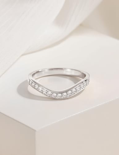 EAMTI 925 Sterling Silver Wedding Bands for Women Cubic Zirconia Wave Stackable CZ Curved Eternity Engagement Promise Gold Rings Size 4-10 - color: Brass-Silver