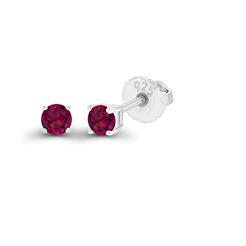 14K Gold Plated 925 Sterling Silver Hypoallergenic 3mm Round Genuine Birthstone Solitaire Screwback Stud Earrings - color: Ruby Created
