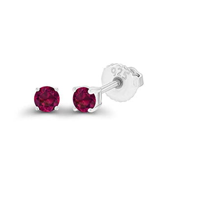 14K Gold Plated 925 Sterling Silver Hypoallergenic 3mm Round Genuine Birthstone Solitaire Screwback Stud Earrings - color: Ruby Created