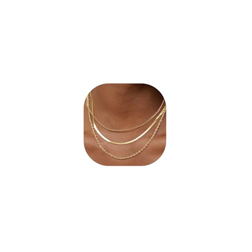 Gold & Silver Necklace Set for Women Trendy | 3 Layered Chain Necklace Stack - Non Tarnish Adjustable Cuban Rope Herringbone Necklaces for Women Jewelry Gifts - color: Gold